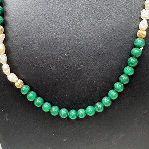 Green Malachite & Freshwater Pearl Necklace Gold Tone Accent Bead 32" Vintage